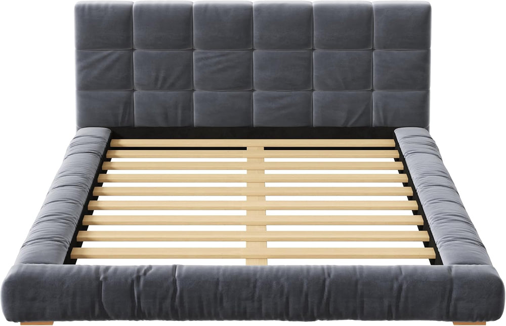 Queen Upholstered Velvet Platform Bed Frame with Tufted Headboard，Gray#03