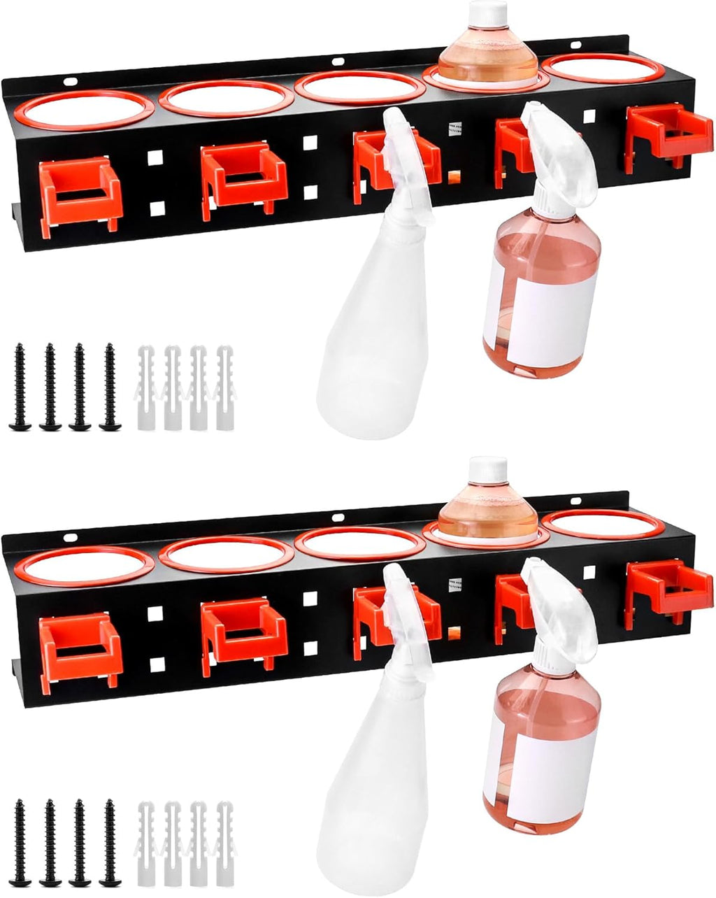 QWORK Wall-mounted Spray Bottle Holder, 2 Pack Aerosol Can Rack Organizer - 5 Holes and 5 Plastic Hooks Included for Tidying Up Your Cleaning and Detailing Tools