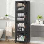 BROVIEW 4-Tier Tall Narrow Storage Cabinet 14.6” Wide, Slim Bathroom Cabinets with Adjustable Shelves and Doors, Plastic Kitchen Pantry Organizers and Storages for Small Space, Laundry, Black