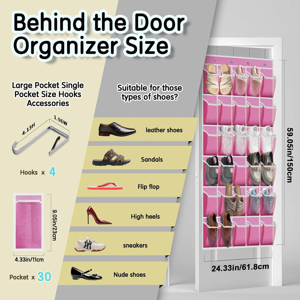 Kotkn Over the Door Shoe Organizer with 30 Breathable Mesh Pockets - Large Capacity Closet Storage for Men & Women, Hanging Shoe Rack Organizer (Pink)