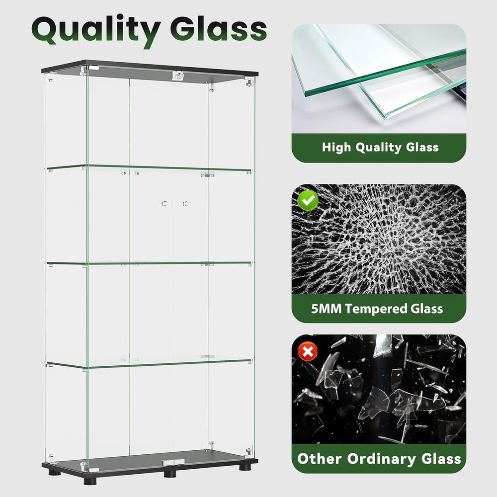 Glass Display Cabinet with 4-Shelf Double Door and Lock, 5mm Tempered Glass