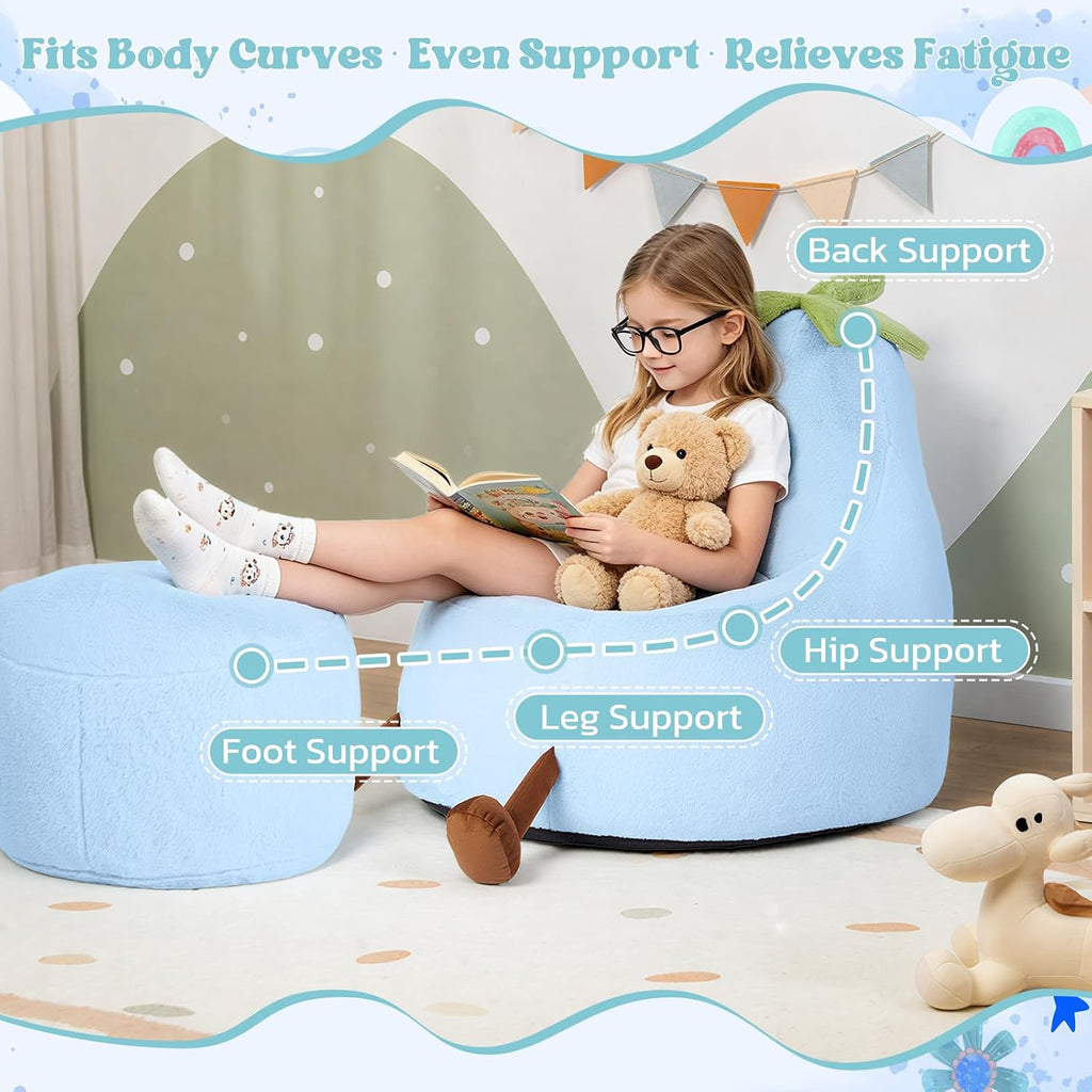 2FT Memory Foam Bean Bag Chair - Ultra Soft Faux Rabbit Fur Round Sofa with Handle & Machine Washable Cover, Comfy Lazy Chair for Kids Teens, Perfect for Reading Gaming in Living Room Bedroom, Blue