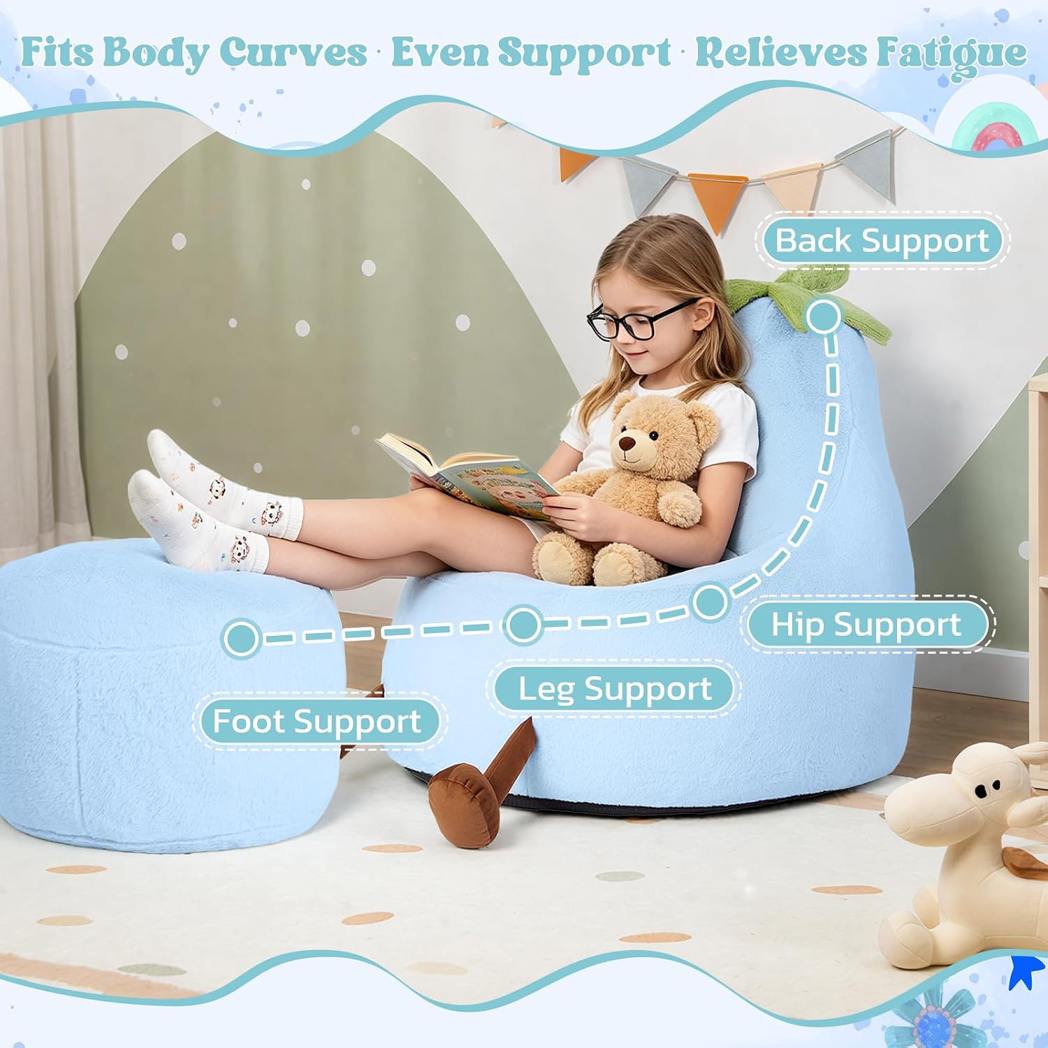 2FT Memory Foam Bean Bag Chair - Ultra Soft Faux Rabbit Fur Round Sofa with Handle & Machine Washable Cover, Comfy Lazy Chair for Kids Teens, Perfect for Reading Gaming in Living Room Bedroom, Blue