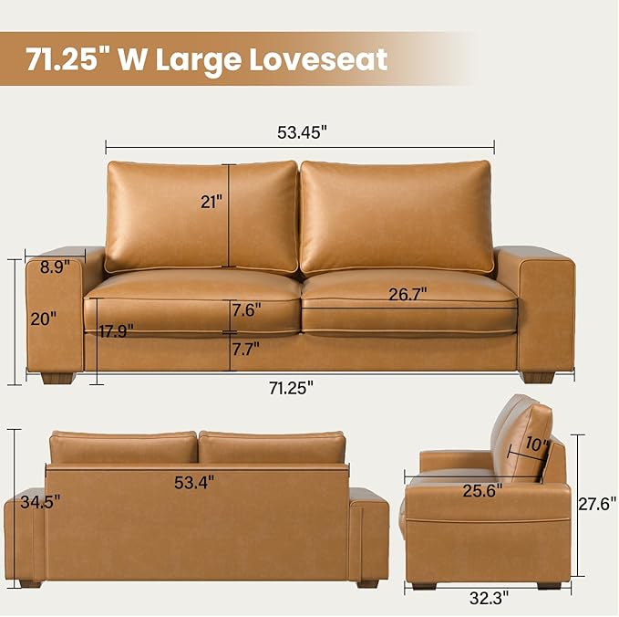 Modern Faux Leather Loveseat Sofa, Compact Small Couch with Spring Cushions & Solid Wood Frame, Easy-Clean Removable Cover, Living Room Office Apartment Furniture (71.25", Brown)