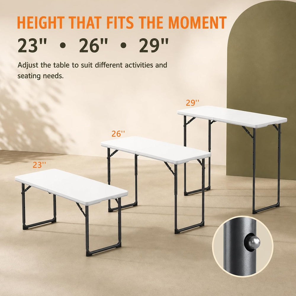 4FT Folding Table 3 Levels Adjustable Height, Heavy Duty Fold-in-Half Portabl...