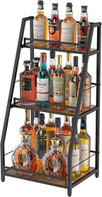 3-Tier Liquor Stand for Home Bar, Stepped Wine Rack Freestanding Floor for Liquor Whiskey Wine, Versatile Corner Wine Bottle Display Stand with Fences, Vintage Brown, Safe Height for Kids & Pets