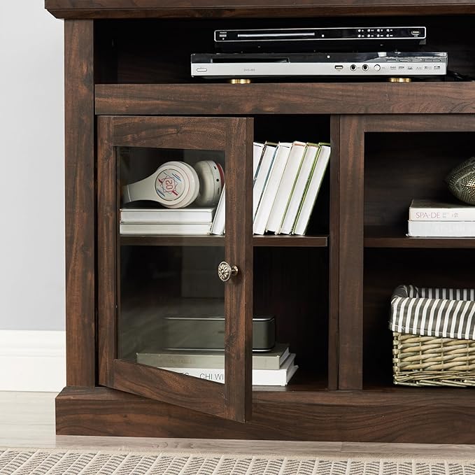 TV Stand for 65" TV: 60 Inch Entertainment Center Console with Glass Doors | Tall Rustic Wood TV Cabinet with Adjustable Shelves and Storage Cabinet for Living Room - Brown