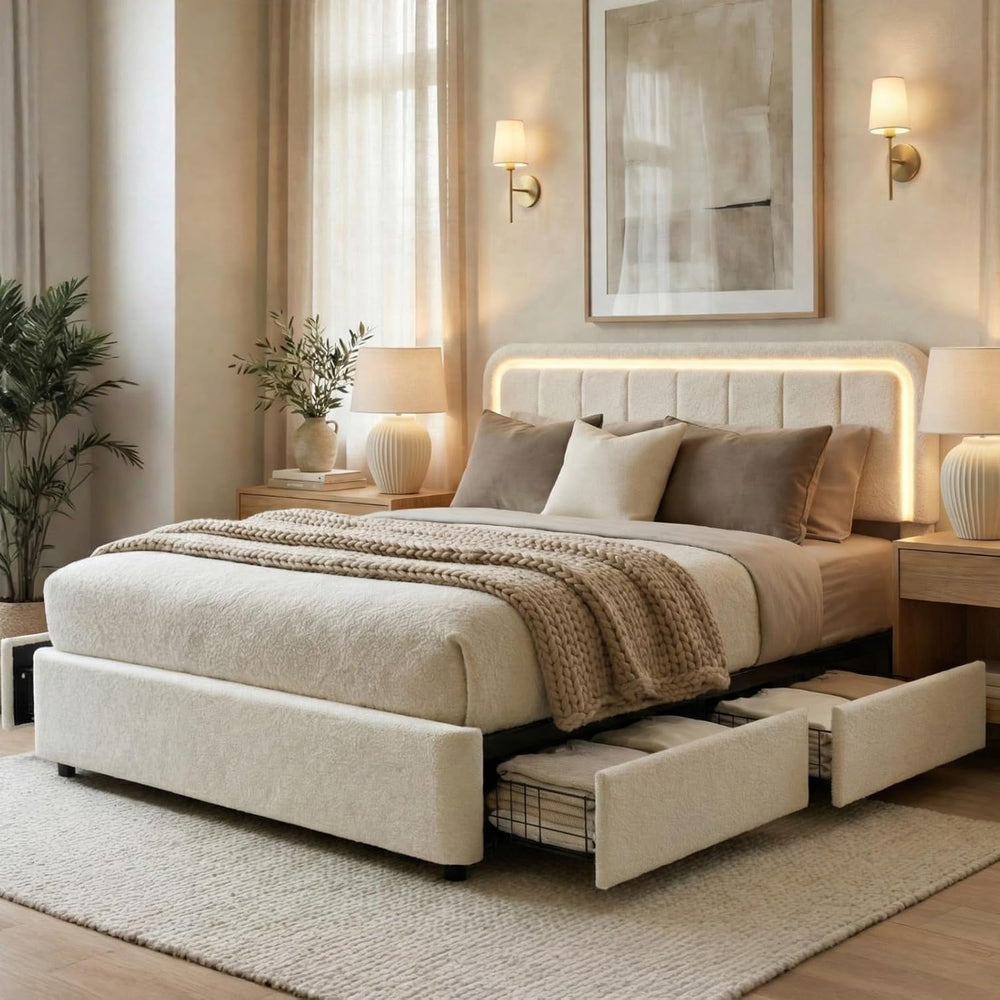 Yechen Cloud Queen Bed Frame with Storage, 4 Drawers, Boucle Upholstered