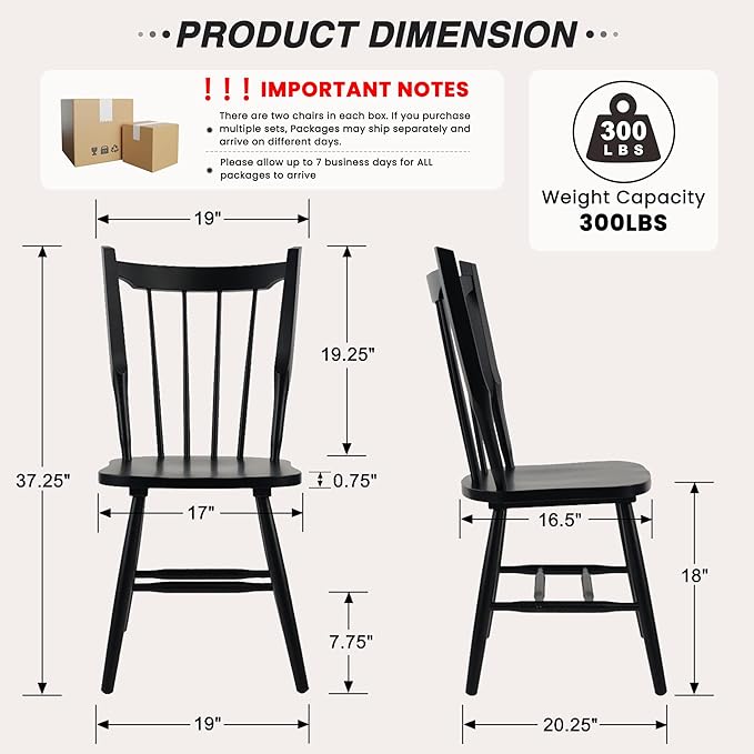 HNY Black Windsor Dining Chairs Set of 4, Farmhouse Wooden Kitchen Chairs with Spindle Back, Mid Century Modern Armless Kitchen Side Chair for Dining Living Room Restaurant