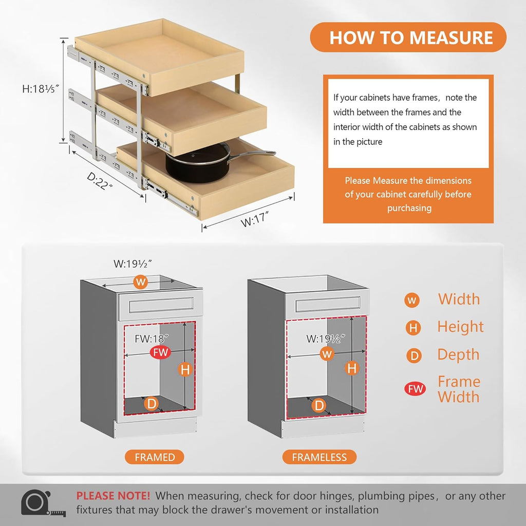 WelFurGeer 3-Tier Pull Out Cabinet Organizer with Soft Close, Heavy-Duty Slide Out Drawers for Cabinets, Pull Out Drawers for Cabinets, Bottom Mount Shelves for Kitchen, Pantry, Bathroom