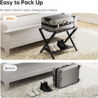 HITNET Luggage Rack for Guest Room, Pack of 2, Suitcase Stand Folding Bedroom, Bamboo Hotel Luggage Holder with Fabric Storage Shelf and Nylon Straps, Black