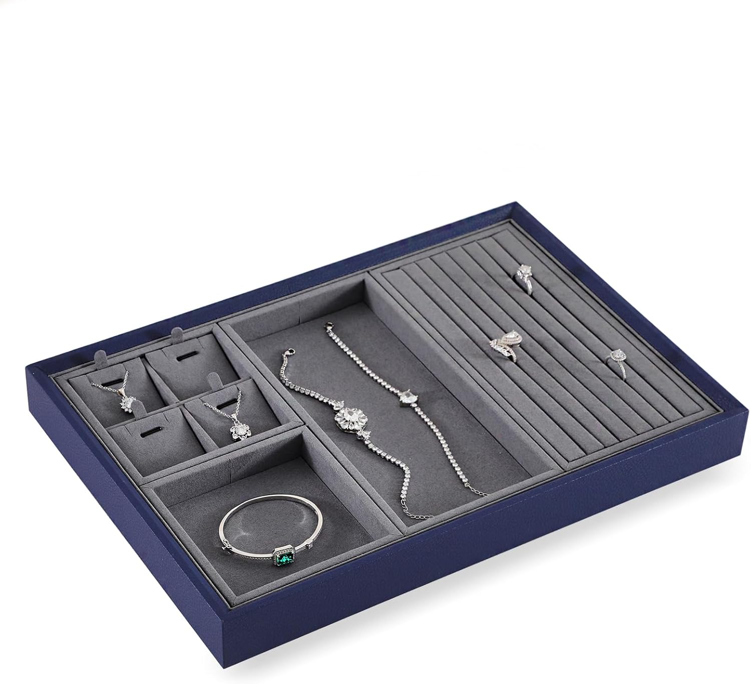 Dark Blue Jewelry Display Tray Ring Necklace Earring Bangle Organizer Multifunctional Storage Case for Jewelry Showcase (Small Empty Tray)