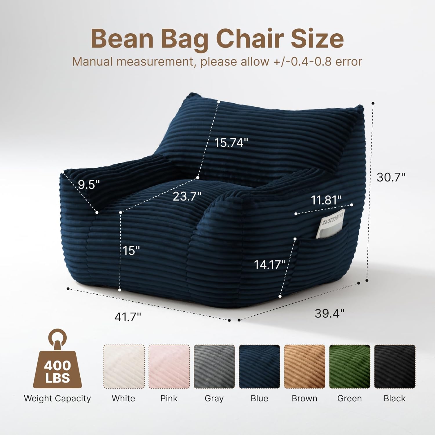Bean Bag Chair for Adults & Kids, Giant Bean Bag Sofa with Side Pocket, Corduroy Beanbag Chair with Armrests, Comfy Stuffed Floor Sofa for Living Room Bedroom Dorm, Blue