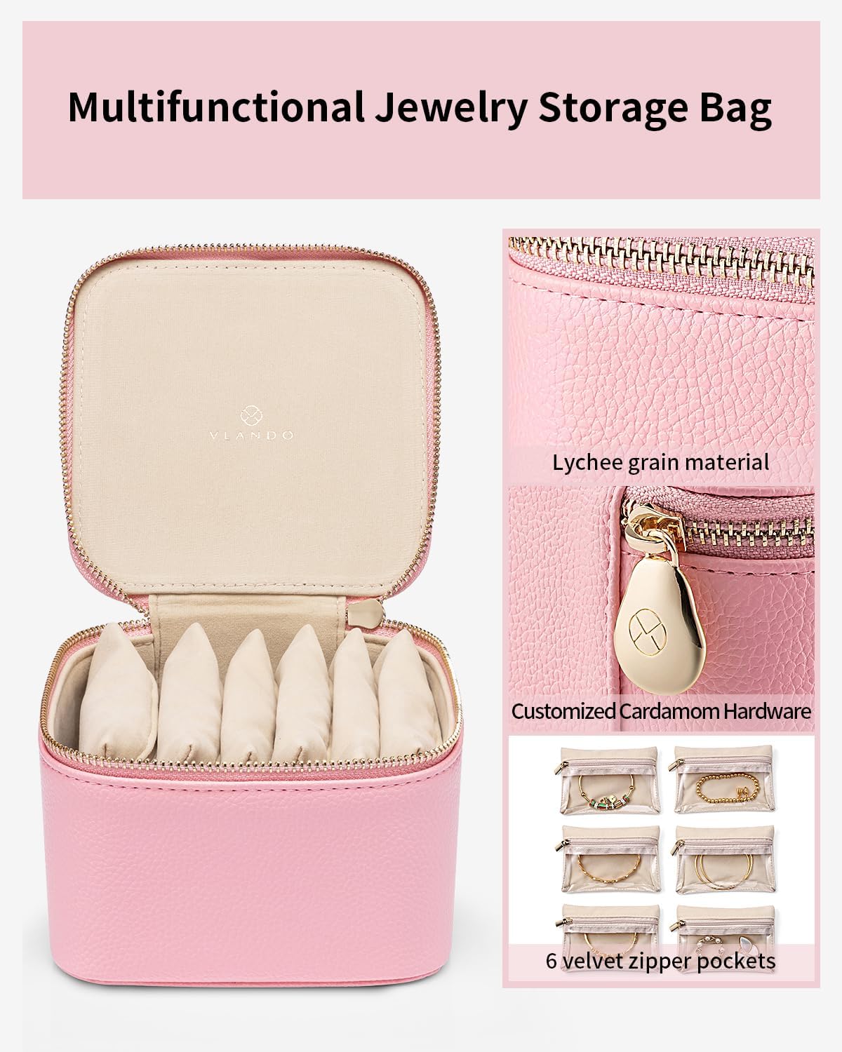 Vlando Travel Jewelry Box for Women,Faux Leather Jewelry Case with 6 Velvet Jewelry Zipper Pockets,Gift Ideas for Women Wife Earrings Necklace Rings Storage Boxes(Strawberry Pink)