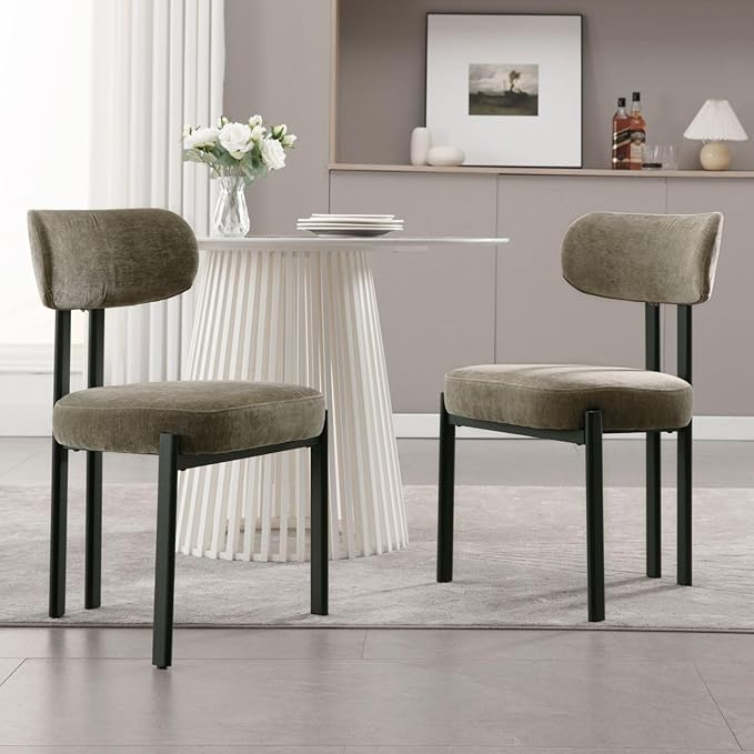 LukeAlon Chenille Dining Chairs Set of 2, Modern Upholstered Armless Kitchen Chairs with Black Metal Legs Curved Back Dining Room Chairs Reception Chair for Living Room Office, Green
