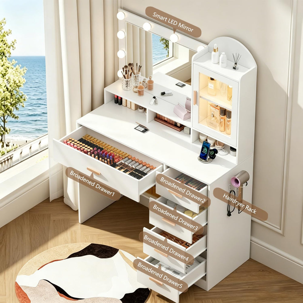 BZK Vanity Desk with LED Lights and Mirror, 35.4" Makeup Vanity Table wi...