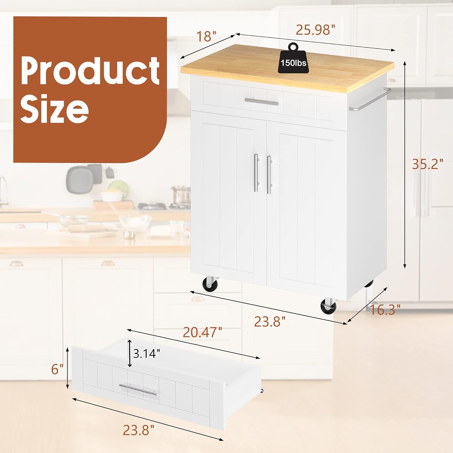 JY QAQA 26" Kitchen Island on Wheels with Storage Cabinet Kitchen Cart Cabinet with Shelves, Cart Handle for Towel Rack or Free Mobility, Portable Islands for Kitchen,White