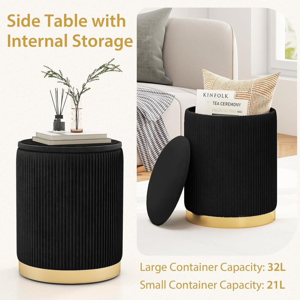 Giantex Ottoman with Storage - Set of 2 Storage Ottomans, 1 Large & 1 Small Nesting Ottoman Side Table, Upholstered Velvet/Linen Round Foot Rest Vanity Stool for Bedroom Living Room (Black)
