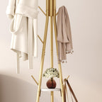 HOMEFORT Coat Rack, Coat Hanger Stand with 2 Shelves, Freestanding Hall Tree, Metal Hat Hanger with 12 Hooks for Clothes Hats and Scarves (Gold)