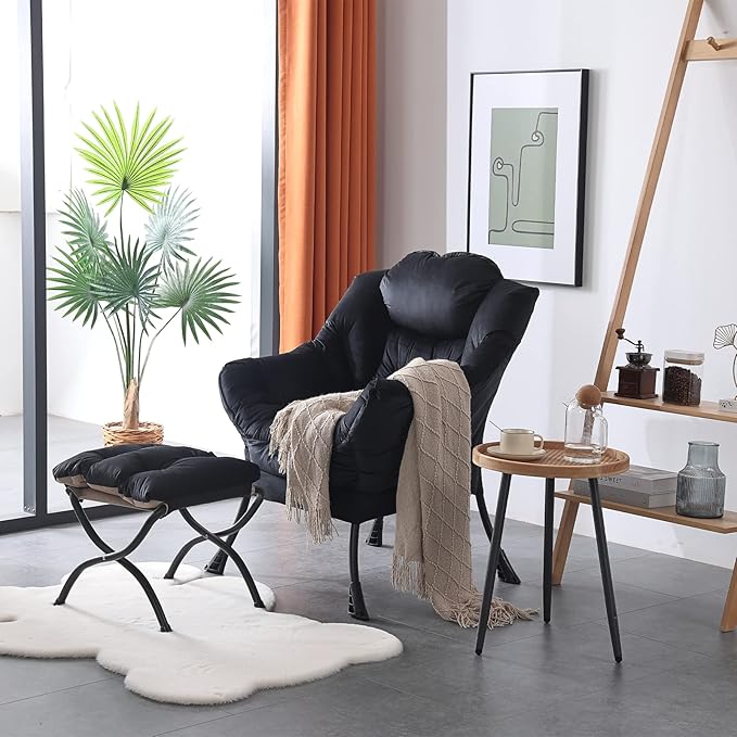 Welnow Lazy Chair with Ottoman, Modern Lounge Accent Chair with Armrests and a Side Pocket, Leisure Sofa Armchair, Reading Armchair with Footrest for Small Space, Black