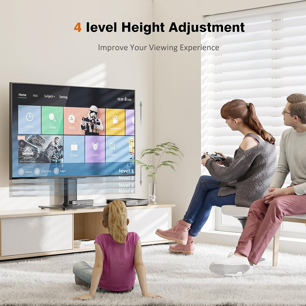 Universal Swivel TV Stand/Base Table Top TV Stand for 13 to 39 inch TVs with 100 Degree Swivel, 4 Level Height Adjustable, Heavy Duty Tempered Glass Base, Holds up to 88lbs, HT07B-002