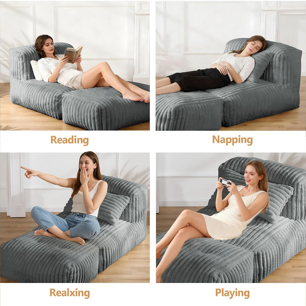 Big Bean Bag Lounger Sofa with Pillow, Large Bean Bag Chairs for Adults, Oversized Beanbag Sofa, Comfy Bean Bag Couch with Memory Foam Filled for Living Room, Bedroom, Gray