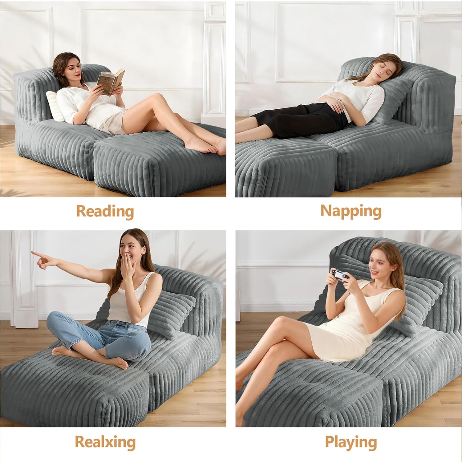 Big Bean Bag Lounger Sofa with Pillow, Large Bean Bag Chairs for Adults, Oversized Beanbag Sofa, Comfy Bean Bag Couch with Memory Foam Filled for Living Room, Bedroom, Gray