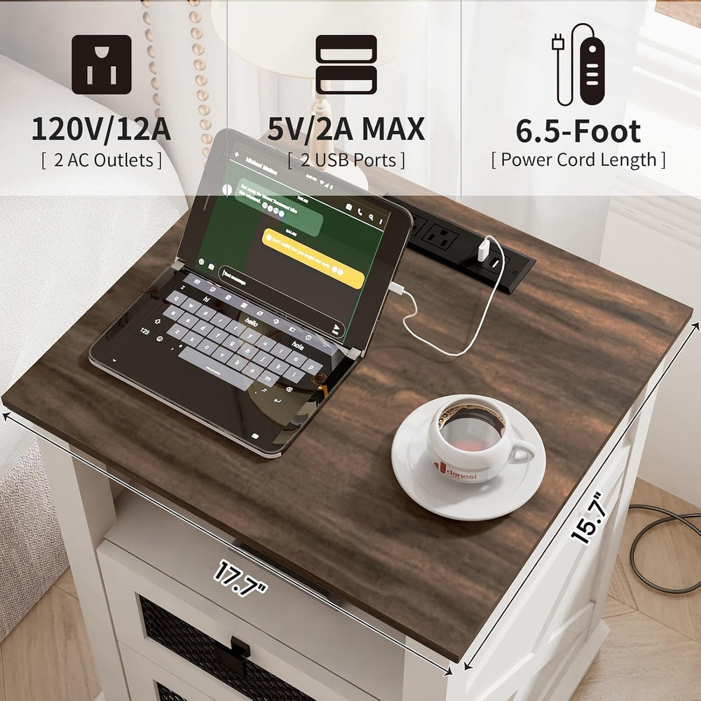 Farmhouse End Table with Charging Station, Nightstand with 2 Drawers & Op...