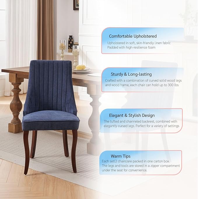 Linen Dining Chairs Set of 8,Comfy Fabric Upholstered Chairs for Kitchen Living Room,Channel Tufted Dining Room Chairs with Curved Solid Wood Legs(Blue,8 Pcs)
