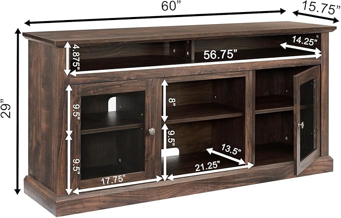 TV Stand for 65" TV: 60 Inch Entertainment Center Console with Glass Doors | Tall Rustic Wood TV Cabinet with Adjustable Shelves and Storage Cabinet for Living Room - Brown