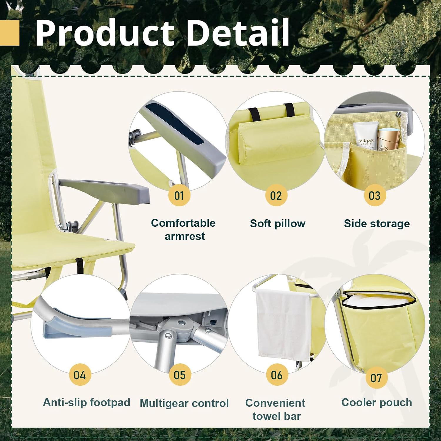 Aluminum Beach Chair Oxford Fabric 100kg Capacity Khaki | Seat Height 20.1 cm, 19.7" x 16.5" Seat, Silver Aluminum Frame, Lightweight Portable, Outdoor Use
