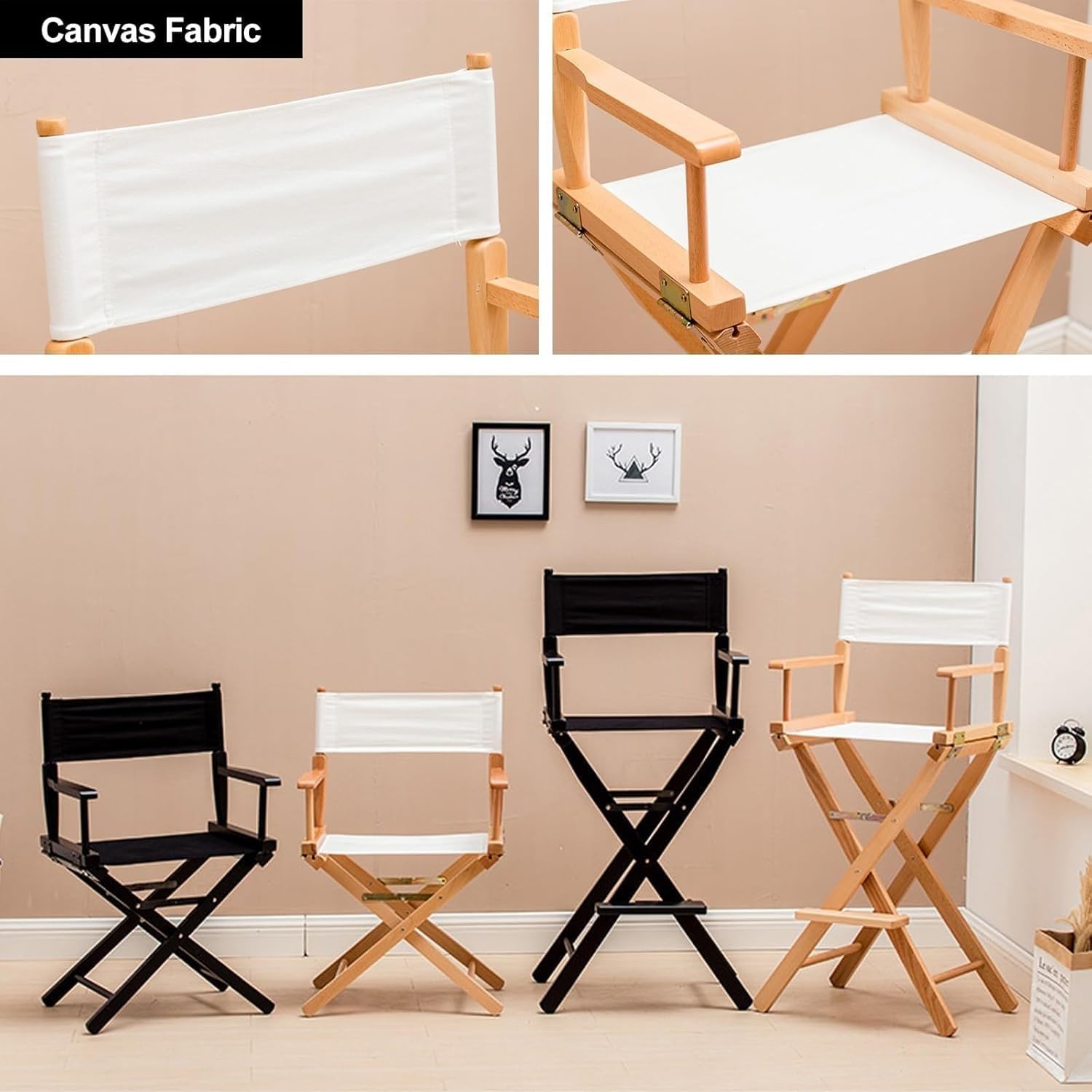 Tall Directors Chairs Foldable, Makeup Solid Wood Frame and Canvas Seat, Portable Footrest, Makeup(Black,85cm/33in)