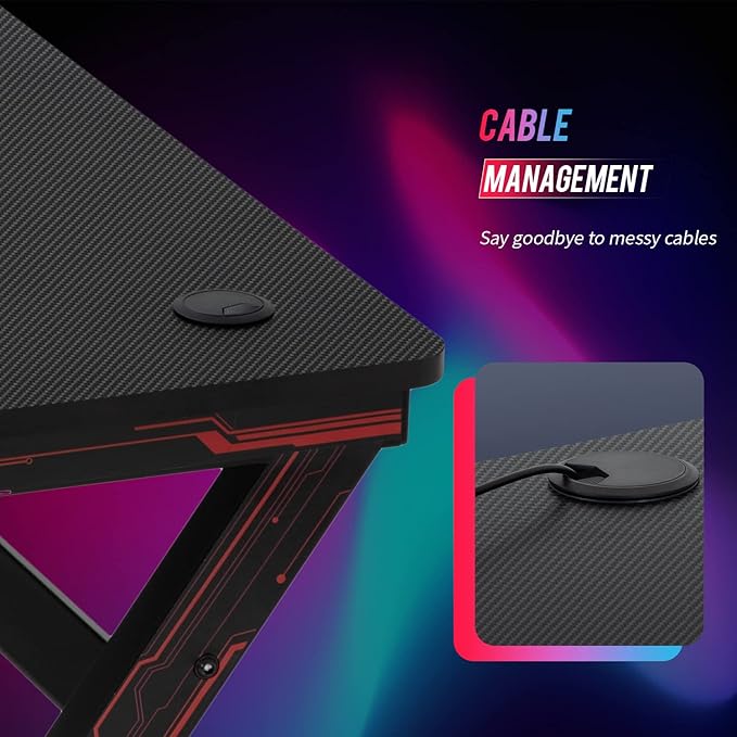 Gaming Desk Computer Desk 47 Inch Home Office Desk Extra Large Modern Ergonomic Black PC Carbon Fiber Table Gamer Workstation with Cup Holder Headphone Hook