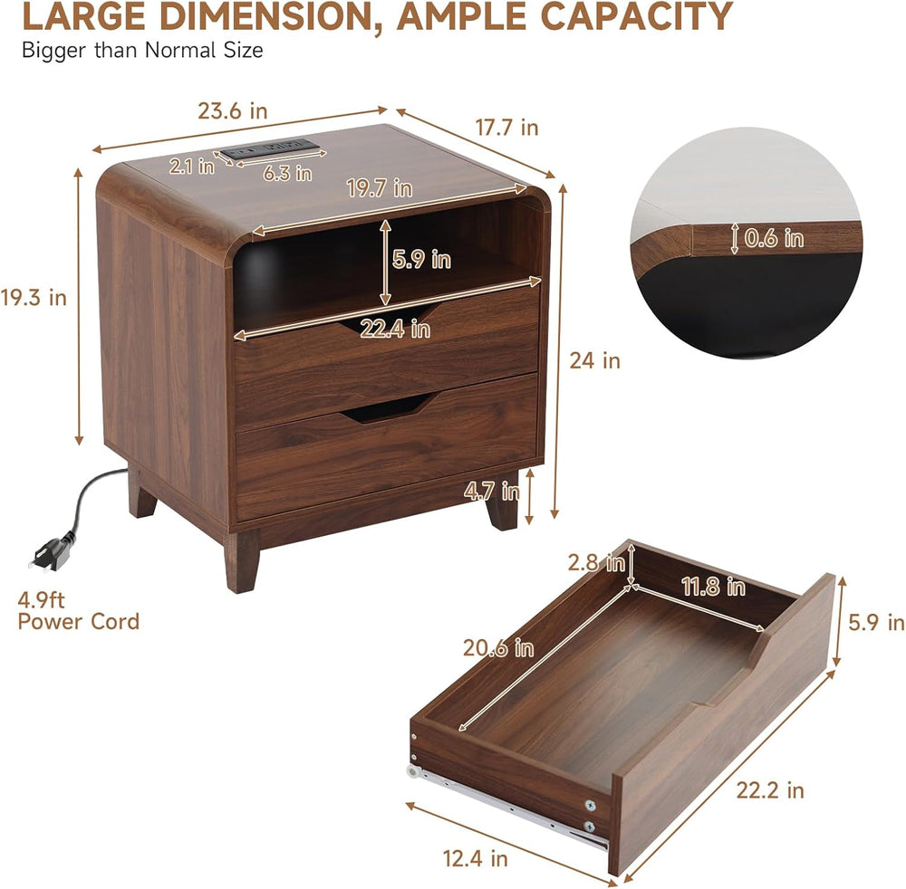 Nightstands Set of 2 with Charging Station, Mid Century Modern Night Stands w...