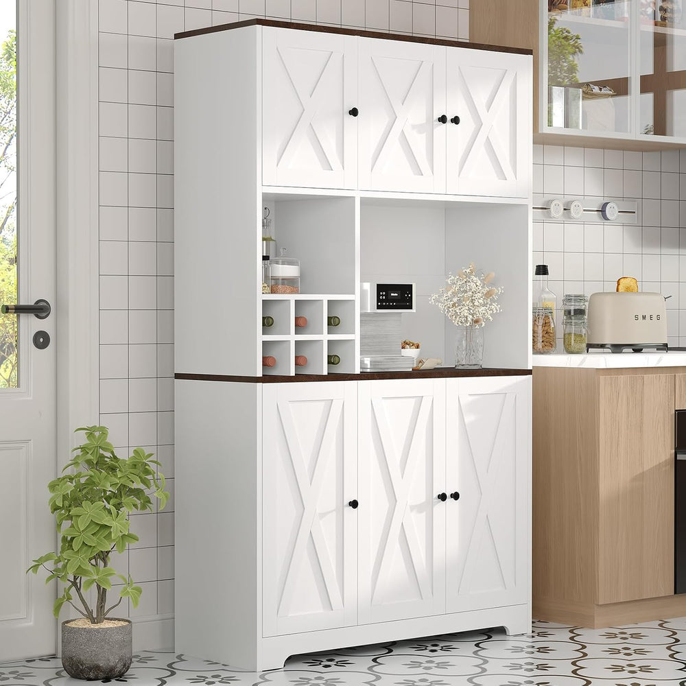 IDEALHOUSE 71" White Farmhouse Kitchen Pantry Cabinet with Wine Rack &am...