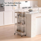 DGSNADGO Slim Rolling Storage Cart, 4-Tier Kitchen Cart on Wheels, Narrow Utility Cart with Handle and Wooden Tabletop for Small Space in Kitchen, Living Room, Bathroom, Laundry Room, Beige and White