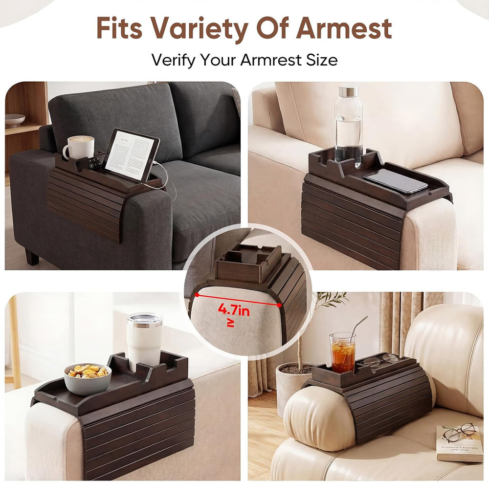 Bamboo Couch Arm Tray Table with Built-in Cup Holder, Foldable Anti-Slip Sofa...