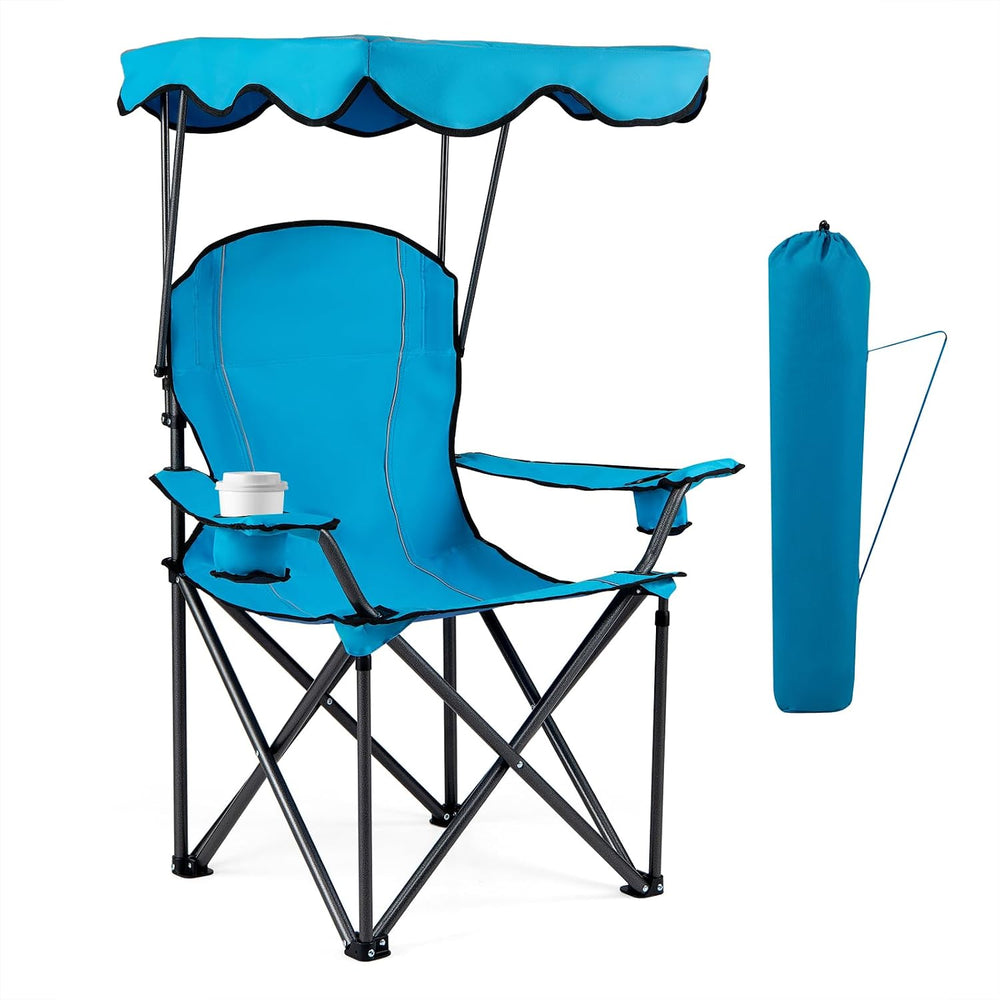 Goplus Camping Chair with Canopy Shade, Folding Lawn Chair with Umbrella Cup ...