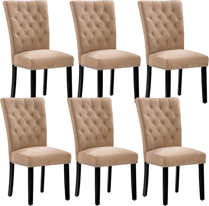 Velvet Dining Kitchen Chair Set of 6, Parsons Upholstered Dining Room Chair, Wood Accent Chair with Nailed Trim, Camel