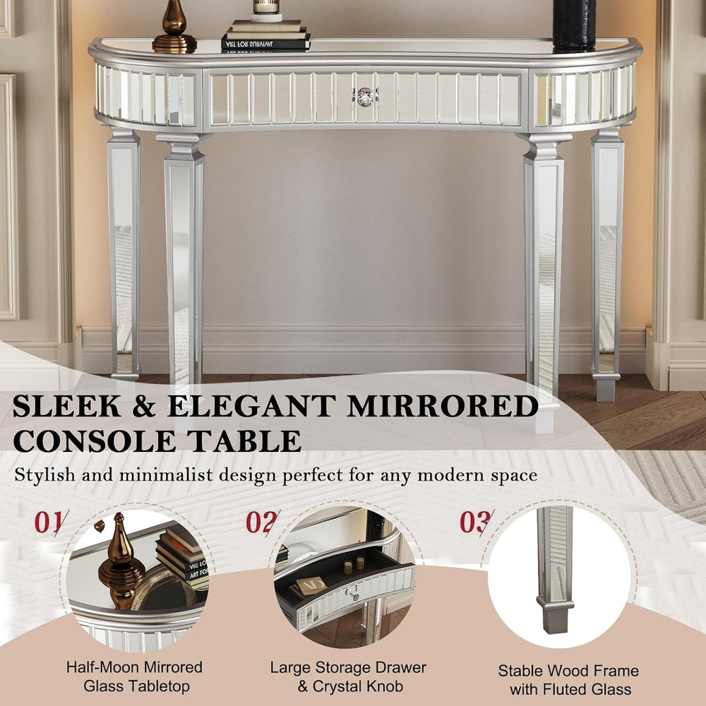Half-Moon Mirrored Sofa Table with Storage, Semi Circle Entryway Console Tabl...