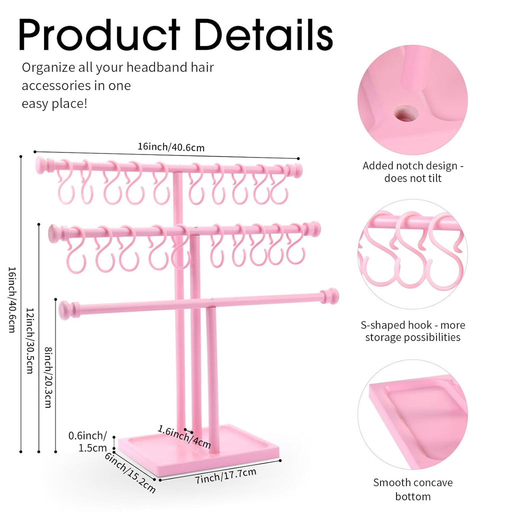 POVETIRE Headband Holder Stand Storage for Baby, 3 Tier Wooden Bow Organizer for Girls Hair Bows, Infant Hair Accessories Rack Display for Nursery Decor