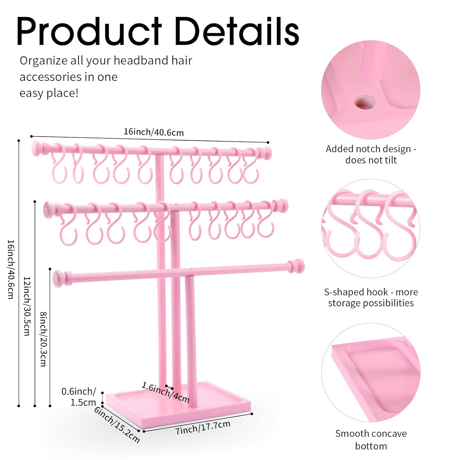 POVETIRE Headband Holder Stand Storage for Baby, 3 Tier Wooden Bow Organizer for Girls Hair Bows, Infant Hair Accessories Rack Display for Nursery Decor