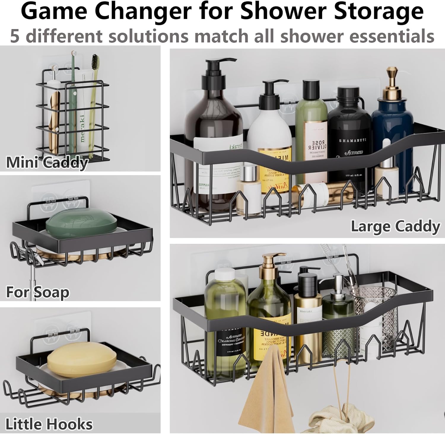 Bathroom Accessories Set - Gorgeous Bathroom Set, 28PC White Bathroom Accessory Set, Shower Curtain with 5PC Adhesive Corner Shower Caddy Hanging, Toilet Brush, Trash Can & Soap Dispenser