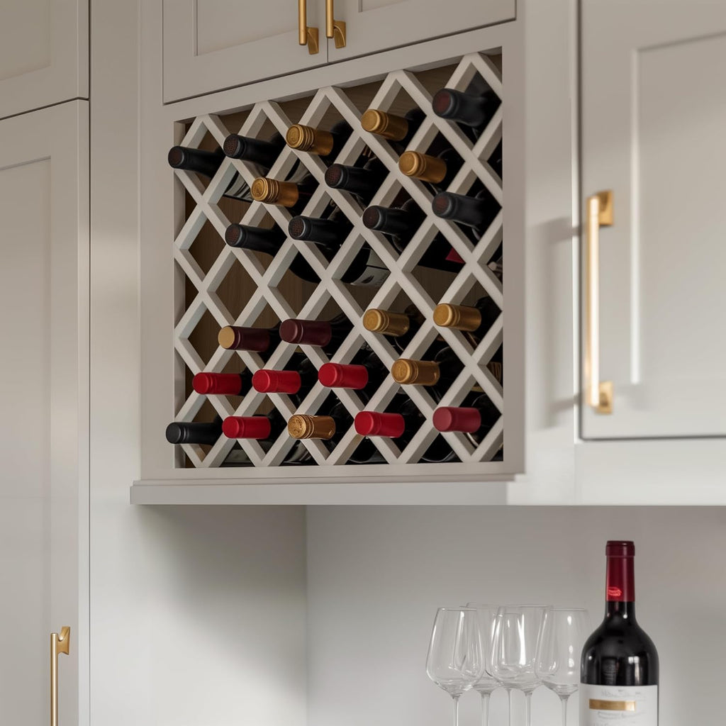 Solid Wood RTA Wine Bottle Rack Wall Cabinet with Lattice Panels - Bottle Holder Storage for Bar, Pantry, or Wine Cellar - Mocha finish Countertop Solution (Origami White, 24”W × 12”D × 30”H)