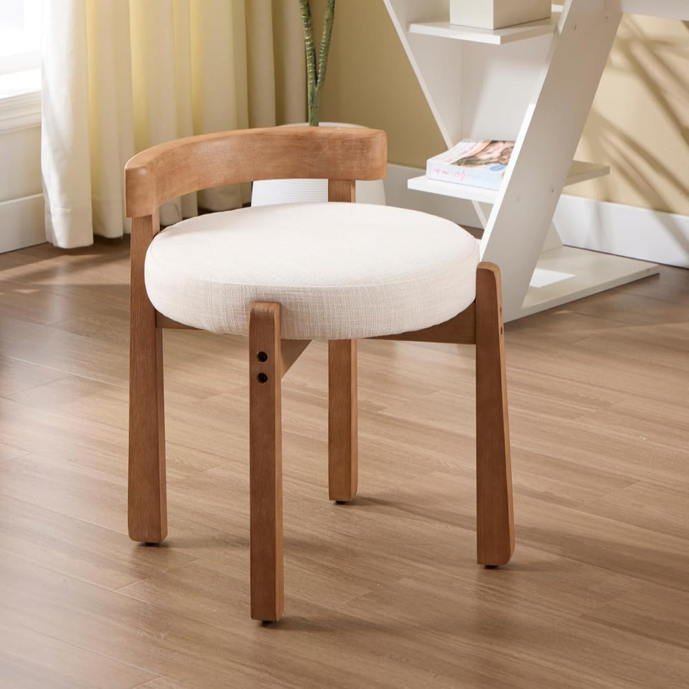 HEAH-YO Wood Vanity Chair with Back, Linen Upholstered Small Ottoman Footstoo...
