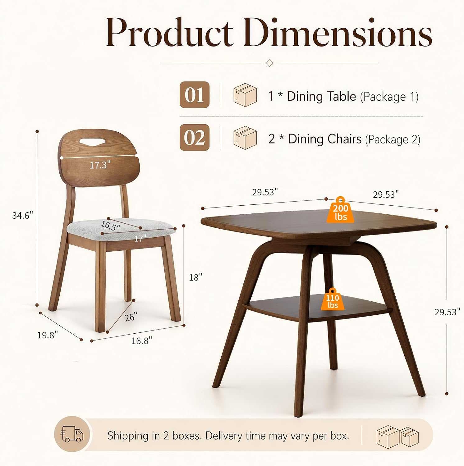 LKTART Dining Table Set for 2, Square Solid Wood Dining Table with 2 Grey PU Dining Chairs, Soild Wood Table Chairs Set of 2 for Small Spaces, Dining Room, Kitchen, Walnut