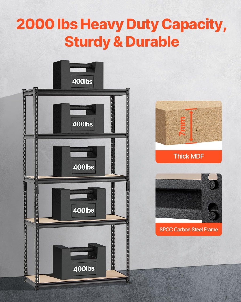 VEVOR Storage Shelves, 2000 lbs, 5 Tier Garage Storage Shelving, 16" D x 36" W x 71.4" H Adjustable Metal Shelves for Garage Shelves Utility Rack Shelf, Ideal for Kitchen, Warehouse, Basement, Black