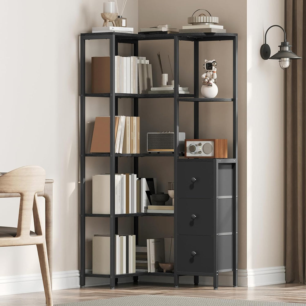 YATINEY Corner Bookshelf, 5-Tier L-Shaped Bookcase with 3 Fabric Drawers, Sto...