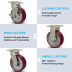SY America 6" X 2" Casters Wheels,Heavy Duty Industrial Casters，Polyurethane on Aluminum Wheels,1 Swivel w/Top Lock Brake Casters,1300 LBS Load Capacity