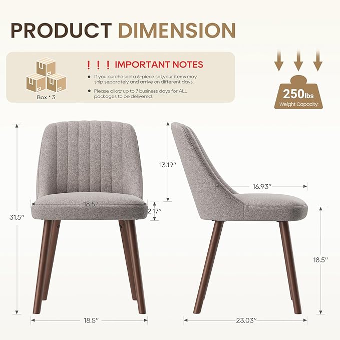 Upholstered Dining Chairs Set of 6, Modern Fabric Kitchen Chairs with Back, Wood Legs for Kitchen Dining Room Restaurant, Taupe